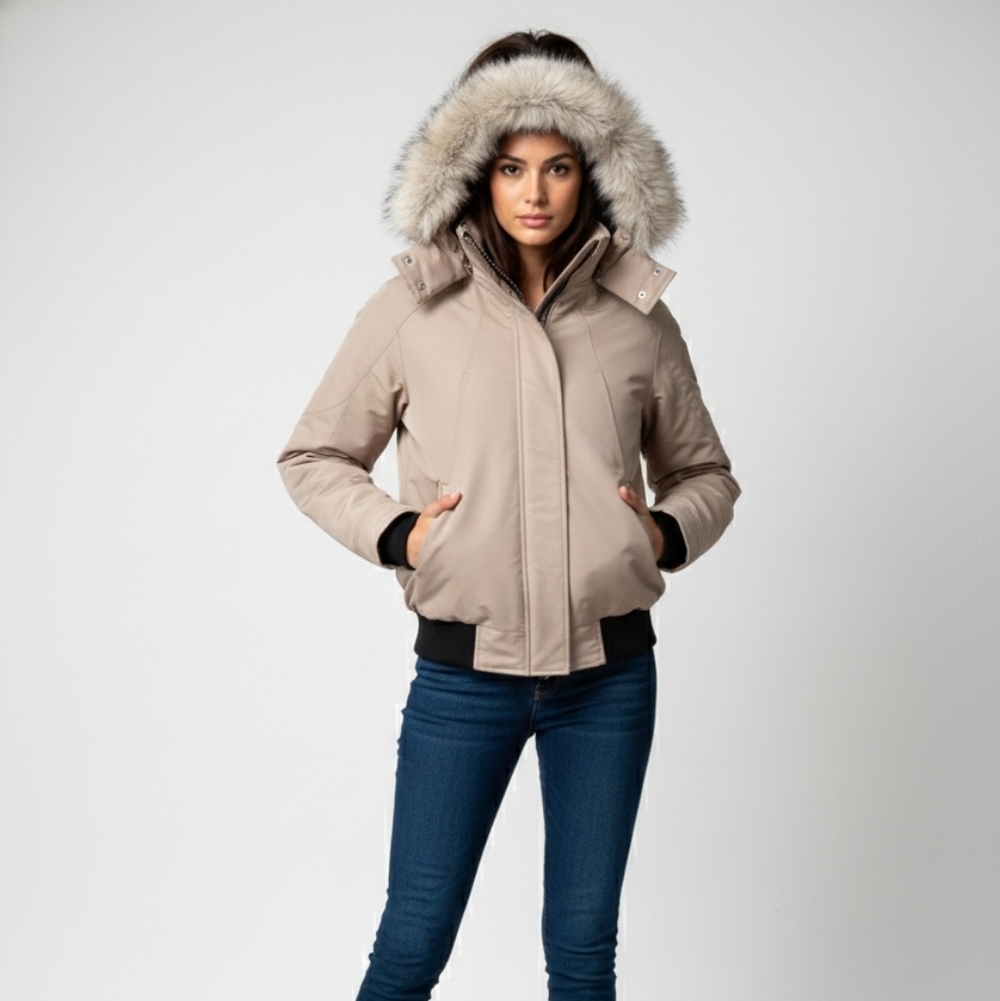 Women's Beige Hooded Ski Jacket with Faux Fur Trim - Picture 3 of 4